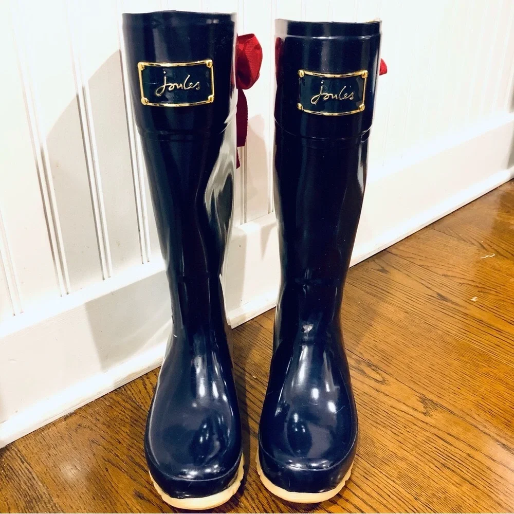 JOULES Navy Blue Tall Rain Boots with Red Bow and Toile Lining Size 9 - Picture 2 of 13